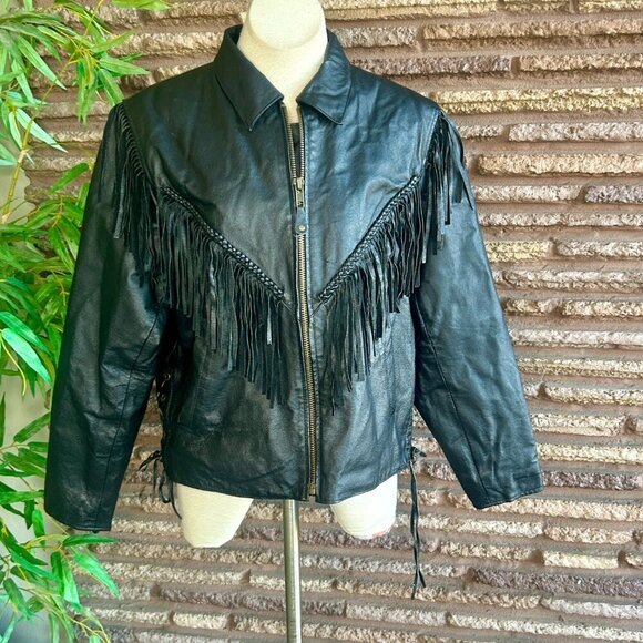 Vintage USA Bikers Dream Apparel Black Leather Biker Moto Jacket With Fringe - Picture 12 of 12